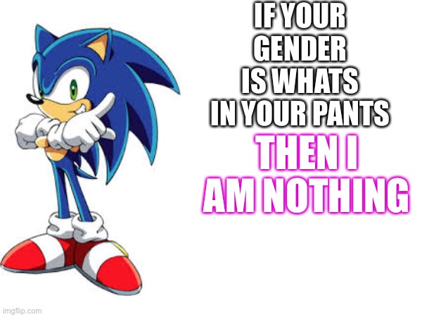 Im my gender | IF YOUR GENDER IS WHATS IN YOUR PANTS; THEN I AM NOTHING | image tagged in gender,wow this is garbage you actually like this | made w/ Imgflip meme maker