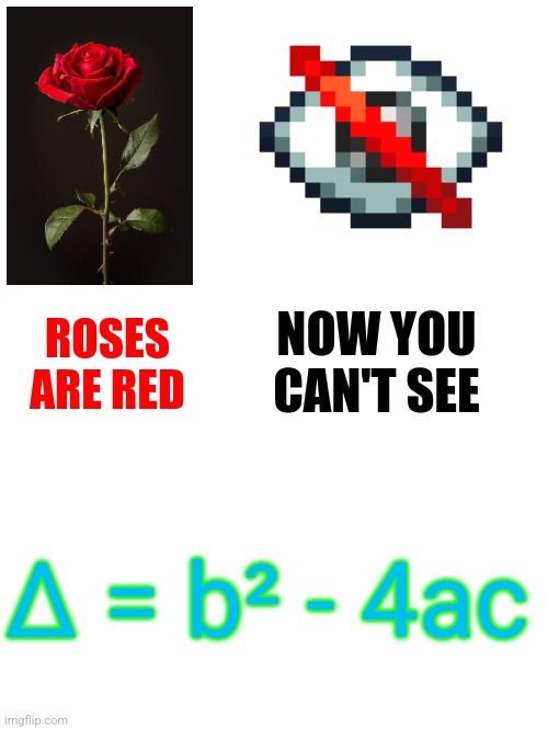 For all the math nerds out there | NOW YOU CAN'T SEE; ROSES ARE RED; ∆ = b² - 4ac | image tagged in roses are red | made w/ Imgflip meme maker