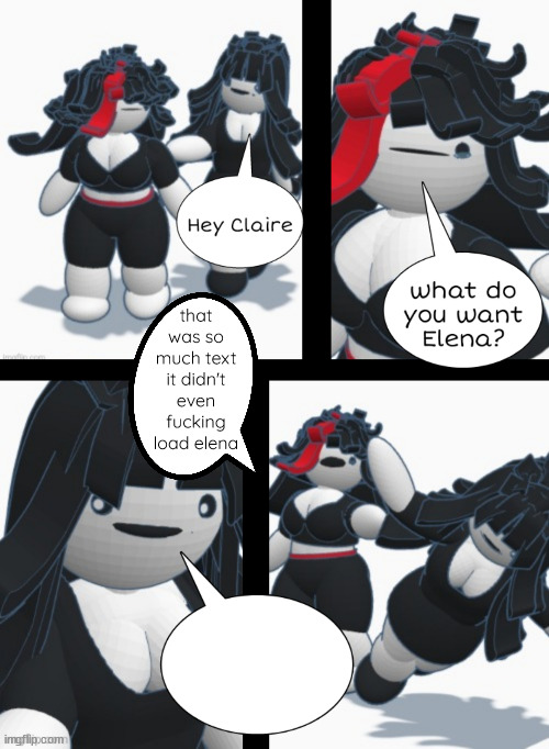 Claire shoving Elena | that was so much text it didn't even fucking load elena; yphlosion is a bulky mammalian Pokémon with a long, yet agile body. It is classified as a quadruped, but it is capable of bipedal movement. Most of its body is cream-colored, but its back and the top of its head are a dark green-blue. It has a short, rounded snout and small, triangular eyes and ears. When its mouth is open, its sharp canine teeth and thick tongue are visible. Each of its paws has five digits and there is a coarse, spiky fringe of fur along its rear. Across the back of its neck, several red spots can produce fire.

Typhlosion is capable of making anything go up in flames when angered and creating explosions by rubbing its fur together. The heat it generates when ready for battle creates a shimmering haze that can also be used to hide itself. When fully enraged, anything Typhlosion touches instantly goes up in flames. Though it is rare in the wild, it can be found living on grasslands. As mentioned in Pokémon Sleep, Typhlosion is known to toss and turn while sleeping.[1] It is recommended to avoid a sleeping Typhlosion due to it unleashing blasts fires from its back by accident.
Forms
Hisuian Typhlosion's ghost flames

Typhlosion has a regional form: Hisuian Typhlosion.

Hisuian Typhlosion's appearance is believed to have been influenced by the energy emanating from Mount Coronet at the center of the Hisui region. Its ears droop beside its head. The fur on its back is a purplish-blue color, and extends to the front of its neck, forming a collar pattern. It has fire-producing spots all around its neck, covering the collar pattern, and these spots produce flames that wisp in a bright magenta red color.

Hisuian Typhlosion has graceful and refined movements, and a gentler, more pacifistic nature compared to Johtonian Typhlosion. It can often be seen staring into space; it is assumed that as Hisuian Typhlosion does this, it looks at the flow of life energy and searches for wayward spirits and lost souls to eat. It is believed that Hisuian Typhlosion purifies spirits with its flames as it eats them before it guides them back to the afterlife where they belong. Despite its peaceful nature, Hisuian Typhlosion can lose control of its emotions when sufficiently angered and can unleash ghost flames that can incinerate its opponents until nothing remains. It can emit a total of 108 ghost flames from the spots on its neck. Once unleashed, every single ghost flame attacks its opponents while taking on the appearance of ferocious beasts.[2]

Hisuian Typhlosion is the only known Pokémon capable of learning the move Infernal Parade.
Evolution

Typhlosion evolves from Quilava and is the final form of Cyndaquil.

In Hisui, Typhlosion has a regional form that evolves from Quilava and is the final form of Cyndaquil. | image tagged in claire shoving elena | made w/ Imgflip meme maker