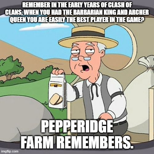 "They are a GOD!" - Clash players in the past | REMEMBER IN THE EARLY YEARS OF CLASH OF CLANS, WHEN YOU HAD THE BARBARIAN KING AND ARCHER QUEEN YOU ARE EASILY THE BEST PLAYER IN THE GAME? PEPPERIDGE FARM REMEMBERS. | image tagged in memes,pepperidge farm remembers,clash of clans,mobile games | made w/ Imgflip meme maker