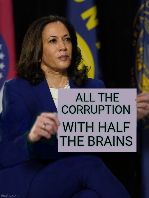 Kamala Harris Holding Sign | WITH HALF THE BRAINS ALL THE CORRUPTION | image tagged in kamala harris holding sign | made w/ Imgflip meme maker