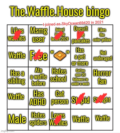 waffle | I joined as SkyOcean69420 in 2021 | image tagged in the waffle house bingo | made w/ Imgflip meme maker