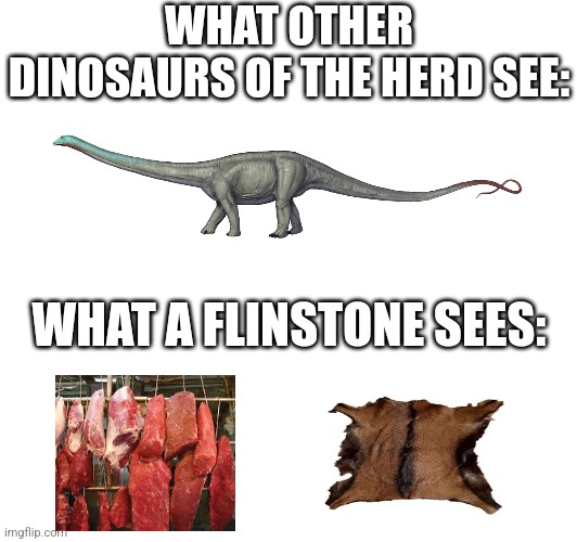 Meat for food and skin for material. | WHAT OTHER DINOSAURS OF THE HERD SEE:; WHAT A FLINSTONE SEES: | image tagged in meat,skin,flintstones,dinosaur,caveman | made w/ Imgflip meme maker