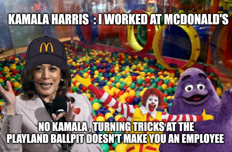 kamala harris meme | KAMALA HARRIS  : I WORKED AT MCDONALD'S; NO KAMALA , TURNING TRICKS AT THE PLAYLAND BALLPIT DOESN'T MAKE YOU AN EMPLOYEE | image tagged in mcdonalds | made w/ Imgflip meme maker