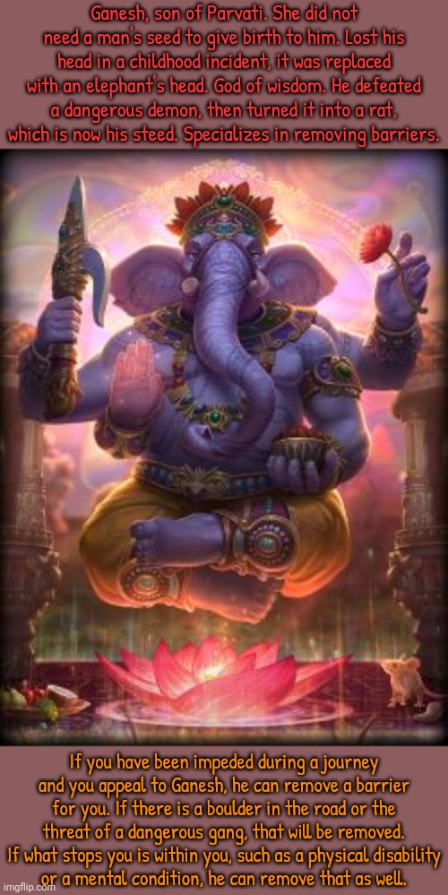 The rat gets big when Ganesh needs a ride. | Ganesh, son of Parvati. She did not need a man's seed to give birth to him. Lost his head in a childhood incident, it was replaced with an elephant's head. God of wisdom. He defeated a dangerous demon, then turned it into a rat, which is now his steed. Specializes in removing barriers. If you have been impeded during a journey and you appeal to Ganesh, he can remove a barrier for you. If there is a boulder in the road or the threat of a dangerous gang, that will be removed. If what stops you is within you, such as a physical disability
or a mental condition, he can remove that as well. | image tagged in smite ganesha,hinduism,mythology,helpful,enlightened | made w/ Imgflip meme maker