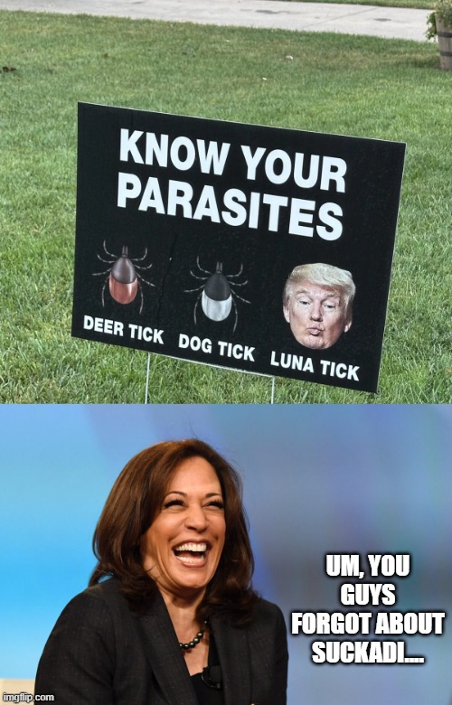 Missed a Parasite | UM, YOU GUYS FORGOT ABOUT SUCKADI.... | image tagged in kamala harris laughing | made w/ Imgflip meme maker