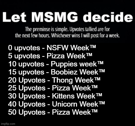 vote | 0 upvotes - NSFW Week™
5 upvotes - Pizza Week™
10 upvotes - Puppies week™
15 upvotes - Boobiez Week™
20 Upvotes - Thong Week™
25 Upvotes - Pizza Week™
30 Upvotes - Kittens Week™
40 Upvotes - Unicorn Week™
50 Upvotes - Pizza Week™ | image tagged in vote | made w/ Imgflip meme maker