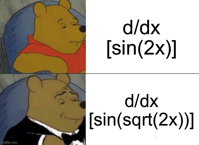 Tuxedo Winnie The Pooh Meme | d/dx [sin(2x)]; d/dx [sin(sqrt(2x))] | image tagged in memes,tuxedo winnie the pooh | made w/ Imgflip meme maker