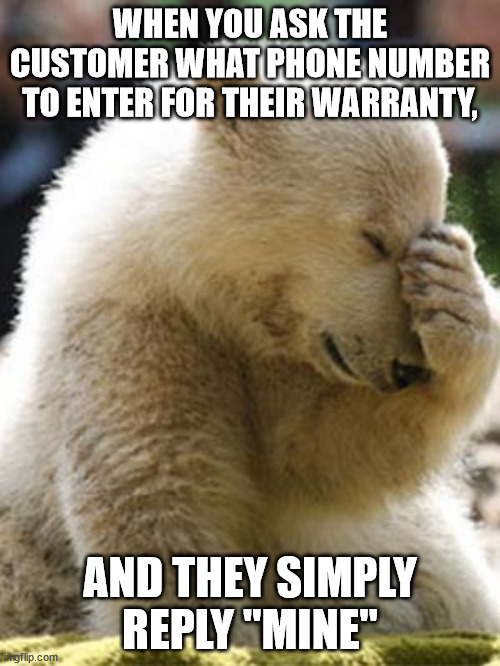 Retail conversations | WHEN YOU ASK THE CUSTOMER WHAT PHONE NUMBER TO ENTER FOR THEIR WARRANTY, AND THEY SIMPLY REPLY "MINE" | image tagged in memes,facepalm bear | made w/ Imgflip meme maker