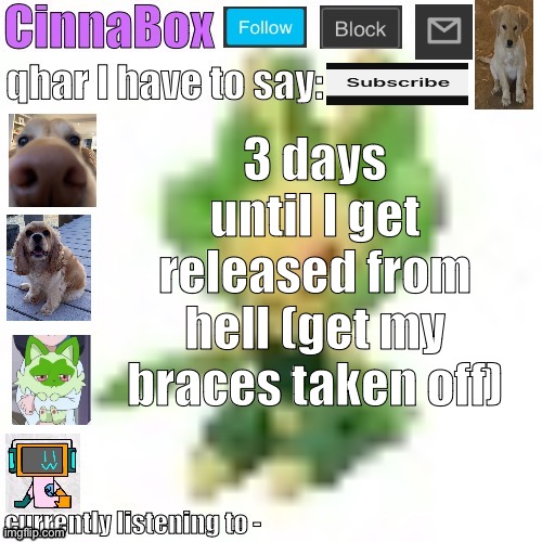 CinnaBox’s 144p Leavanny temp | 3 days until I get released from hell (get my braces taken off) | image tagged in cinnabox s 144p leavanny temp | made w/ Imgflip meme maker