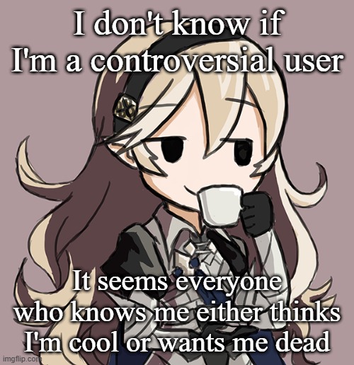 Corrin sipping tea | I don't know if I'm a controversial user; It seems everyone who knows me either thinks I'm cool or wants me dead | image tagged in corrin sipping tea | made w/ Imgflip meme maker