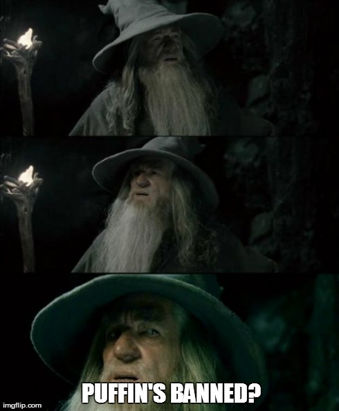 Confused Gandalf Meme | PUFFIN'S BANNED? | image tagged in memes,confused gandalf,AdviceAnimals | made w/ Imgflip meme maker