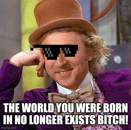 Wanka | THE WORLD YOU WERE BORN IN NO LONGER EXISTS BITCH! | image tagged in memes,creepy condescending wonka,oof,woof,ouch,hell yeah | made w/ Imgflip meme maker