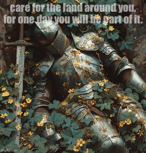 take care. | care for the land around you, for one day you will be part of it. | image tagged in death,knight,art,jazzy,knights,life and death | made w/ Imgflip meme maker