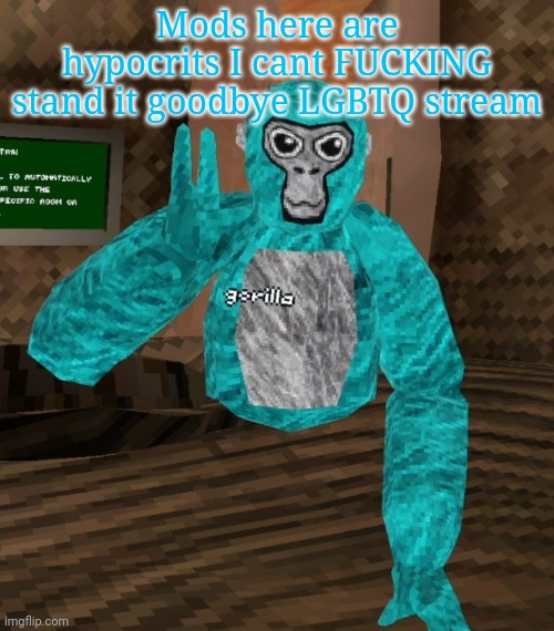 Monkey | Mods here are hypocrits I cant FUCKING stand it goodbye LGBTQ stream | image tagged in monkey | made w/ Imgflip meme maker