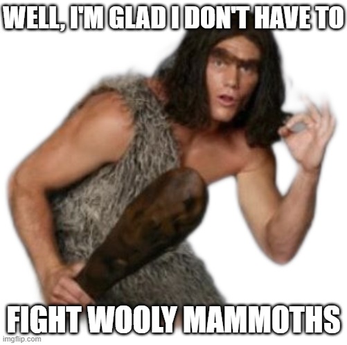 Geico Cave Man | WELL, I'M GLAD I DON'T HAVE TO FIGHT WOOLY MAMMOTHS | image tagged in geico cave man | made w/ Imgflip meme maker