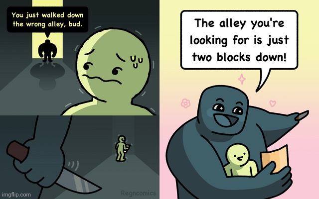 The alley | image tagged in alley,knife,knives,comics,comics/cartoons,blocks | made w/ Imgflip meme maker