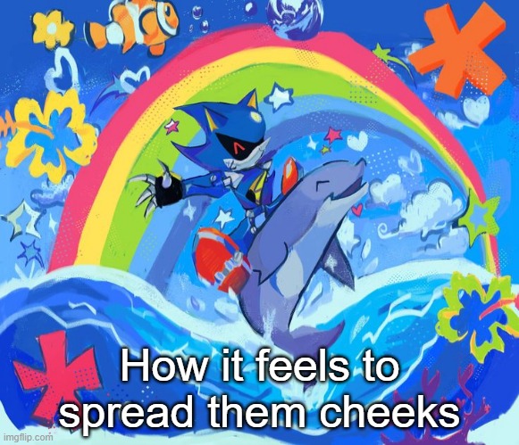 /j idfk | How it feels to spread them cheeks | image tagged in happy dolphin rainbow metal sonic | made w/ Imgflip meme maker
