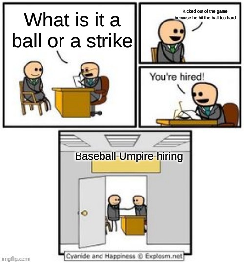 Your hired | Kicked out of the game because he hit the ball too hard; What is it a ball or a strike; Baseball Umpire hiring | image tagged in your hired | made w/ Imgflip meme maker