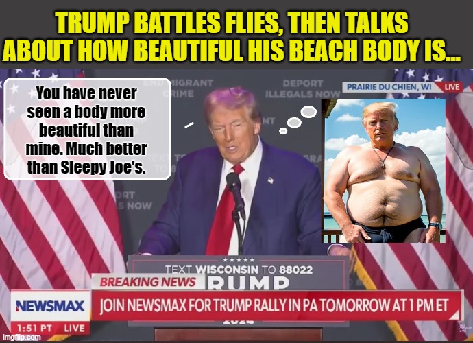 BREAKING: Donald J. Trump-Definitely Presidential Material... | TRUMP BATTLES FLIES, THEN TALKS ABOUT HOW BEAUTIFUL HIS BEACH BODY IS... You have never seen a body more beautiful than mine. Much better than Sleepy Joe's. | image tagged in donald trump memes,donald trump is an idiot,donald trump the clown,political humor | made w/ Imgflip meme maker