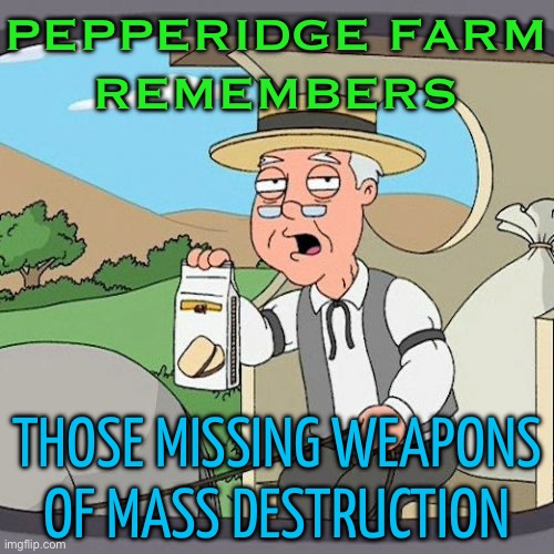 Pepperidge Farm Remembers Those Missing Weapons Of Mass Destruction | PEPPERIDGE FARM
REMEMBERS; THOSE MISSING WEAPONS
OF MASS DESTRUCTION | image tagged in memes,pepperidge farm remembers,iraq war,scumbag god,evil government,world war 3 | made w/ Imgflip meme maker