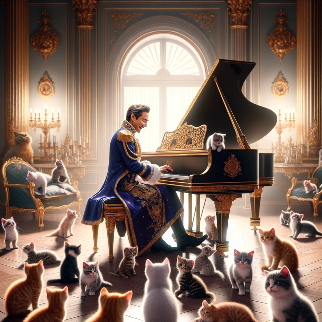 A king playing a piano surrounded by kittens Blank Meme Template