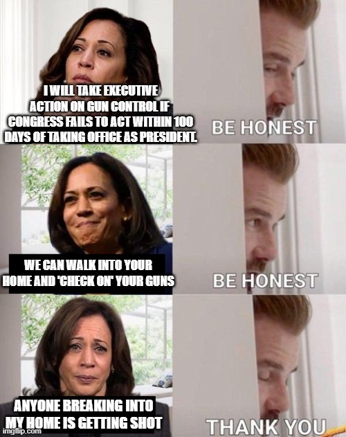 Honest Kamy | I WILL TAKE EXECUTIVE ACTION ON GUN CONTROL IF 
CONGRESS FAILS TO ACT WITHIN 100 DAYS OF TAKING OFFICE AS PRESIDENT. WE CAN WALK INTO YOUR HOME AND 'CHECK ON' YOUR GUNS; ANYONE BREAKING INTO MY HOME IS GETTING SHOT | image tagged in kamala harris be honest | made w/ Imgflip meme maker