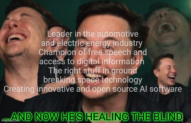 No wonder Liberals hate him | Leader in the automotive and electric energy industry 
Champion of free speech and access to digital information 
The right stuff in ground breaking space technology
Creating innovative and open source AI software; ...AND NOW HE'S HEALING THE BLIND | image tagged in elon musk laughing,elon musk | made w/ Imgflip meme maker