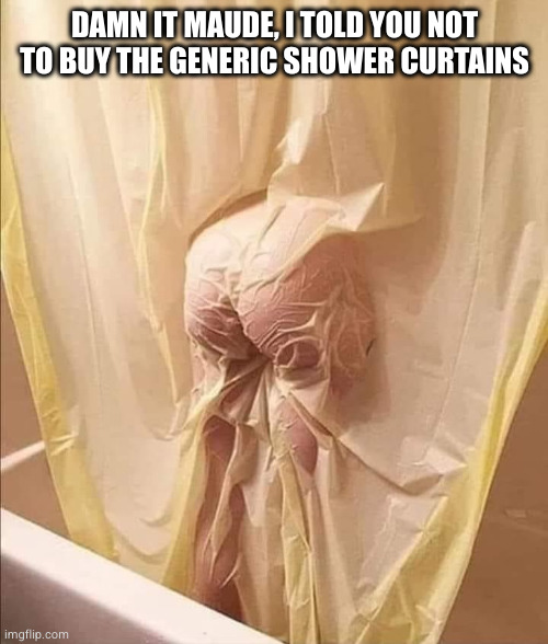 Cheap Shower Curtains | DAMN IT MAUDE, I TOLD YOU NOT TO BUY THE GENERIC SHOWER CURTAINS | image tagged in cheap shower curtains | made w/ Imgflip meme maker