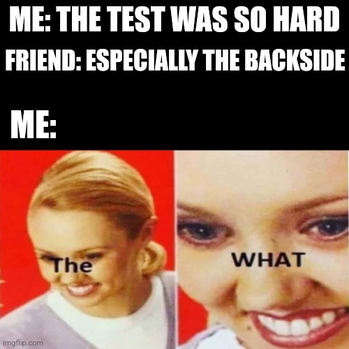 When you forget the backside | ME: THE TEST WAS SO HARD; FRIEND: ESPECIALLY THE BACKSIDE; ME: | image tagged in the what | made w/ Imgflip meme maker