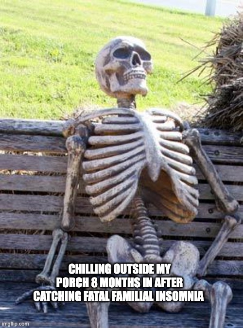 Waiting Skeleton Meme | CHILLING OUTSIDE MY PORCH 8 MONTHS IN AFTER CATCHING FATAL FAMILIAL INSOMNIA | image tagged in memes,waiting skeleton | made w/ Imgflip meme maker