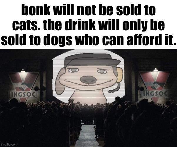 big chuckle | bonk will not be sold to cats. the drink will only be sold to dogs who can afford it. | image tagged in big chuckle | made w/ Imgflip meme maker