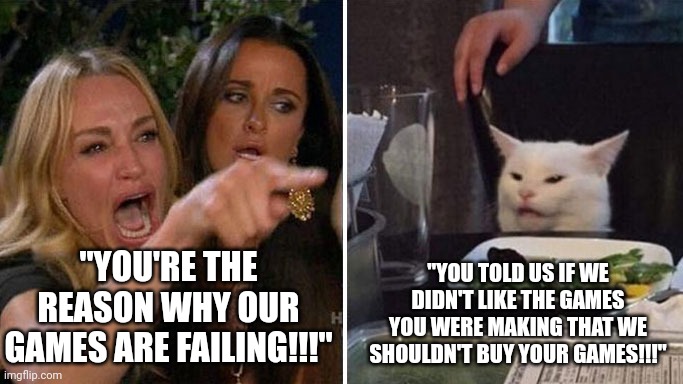 Stupid people outnumber smart people by about 100,000 to 1. | "YOU'RE THE REASON WHY OUR GAMES ARE FAILING!!!"; "YOU TOLD US IF WE DIDN'T LIKE THE GAMES YOU WERE MAKING THAT WE SHOULDN'T BUY YOUR GAMES!!!" | image tagged in angry lady cat | made w/ Imgflip meme maker