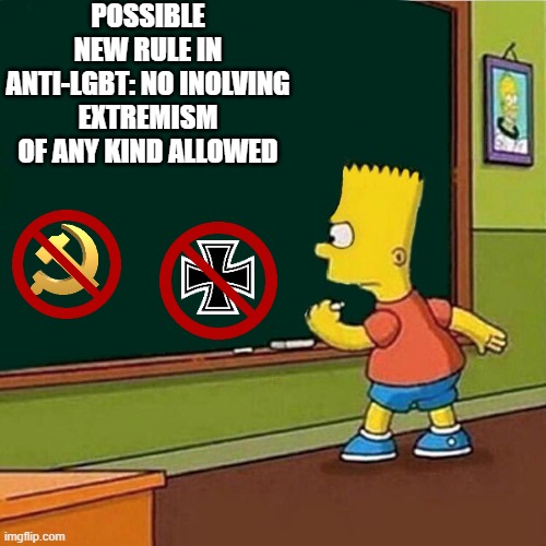 Bart Simpson writing on chalkboard | POSSIBLE NEW RULE IN ANTI-LGBT: NO INOLVING EXTREMISM OF ANY KIND ALLOWED | image tagged in bart simpson writing on chalkboard | made w/ Imgflip meme maker