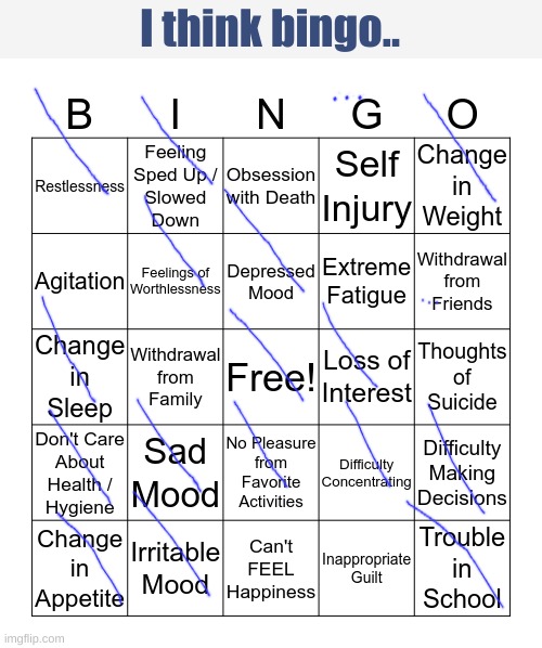 Bingo | I think bingo.. | image tagged in depression bingo 1 | made w/ Imgflip meme maker