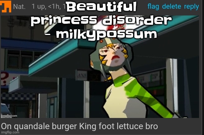 Really similar to femtanyl | Beautiful princess disorder - milkypossum | image tagged in on quandale burger king foot lettuce bro | made w/ Imgflip meme maker