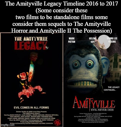 The Amityville Horror Timeline II | The Amityville Legacy Timeline 2016 to 2017
(Some consider these two films to be standalone films some consider them sequels to The Amityville Horror and Amityville II The Possession) | image tagged in the amityville horror,bad sequels,bad standalones,the amityville legacy timeline,google images | made w/ Imgflip meme maker