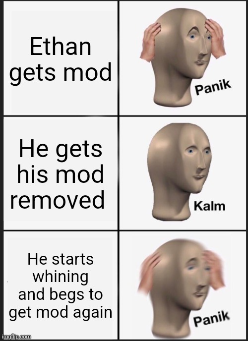 Panik Kalm Panik | Ethan gets mod; He gets his mod removed; He starts whining and begs to get mod again | image tagged in memes,panik kalm panik | made w/ Imgflip meme maker