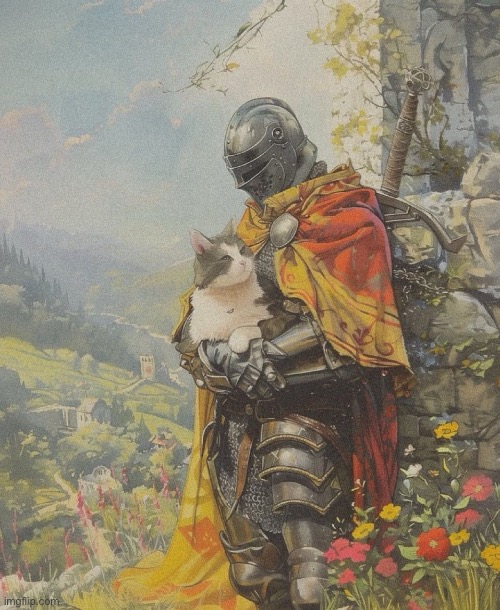 just a knight and a small friend. | image tagged in cat,knight,art,jazzy,knights | made w/ Imgflip meme maker