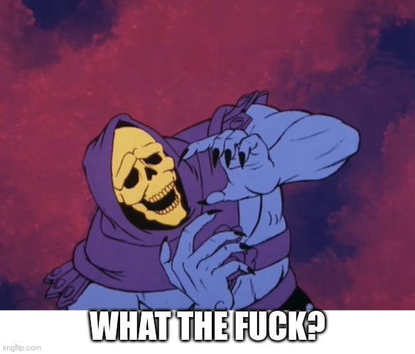 Skeletor Oh God What The Fuck | WHAT THE FUCK? | image tagged in skeletor oh god what the fuck | made w/ Imgflip meme maker