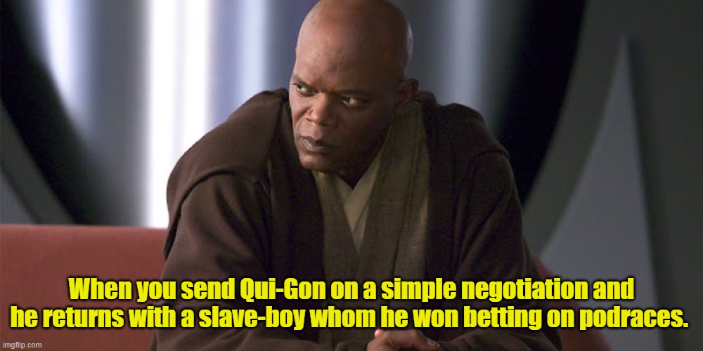 Starwars | When you send Qui-Gon on a simple negotiation and he returns with a slave-boy whom he won betting on podraces. | image tagged in mace windu | made w/ Imgflip meme maker