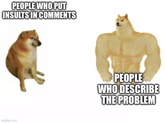 comments | PEOPLE WHO PUT INSULTS IN COMMENTS; PEOPLE WHO DESCRIBE THE PROBLEM | image tagged in buff doge vs cheems reversed,chat | made w/ Imgflip meme maker