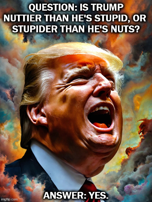 QUESTION: IS TRUMP NUTTIER THAN HE'S STUPID, OR 
STUPIDER THAN HE'S NUTS? ANSWER: YES. | image tagged in trump,nuts,stupid,crazy,senile,dementia | made w/ Imgflip meme maker