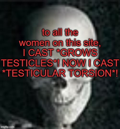 . | to all the women on this site, I CAST *GROWS TESTICLES*! NOW I CAST *TESTICULAR TORSION*! | image tagged in skull | made w/ Imgflip meme maker