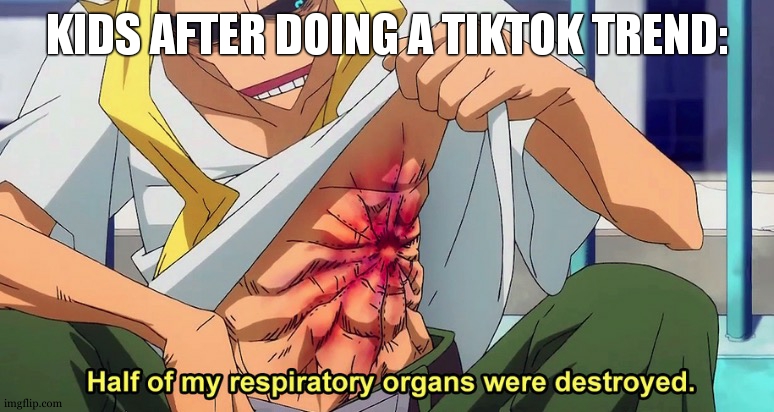 fr | KIDS AFTER DOING A TIKTOK TREND: | image tagged in half of my respiratory organs were destroyed | made w/ Imgflip meme maker