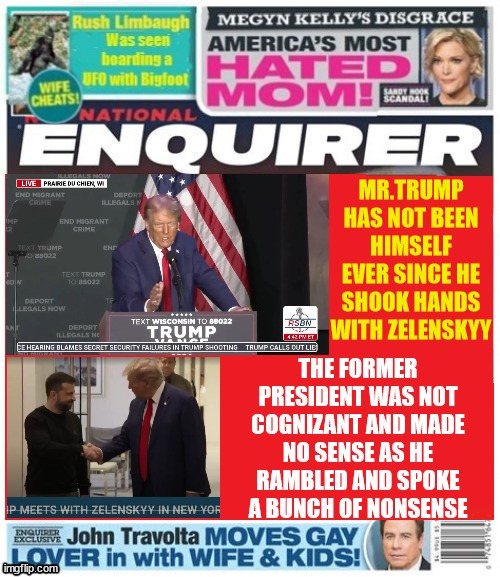 Trump's off the rails | image tagged in maga madness,trump national enquirer,trump off rails,zelenskyy shakes trump,trump has total dementis sickness,trump's nuts | made w/ Imgflip meme maker