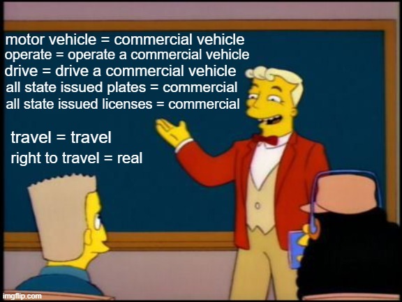 Simpsons Monorail Chalkboard | motor vehicle = commercial vehicle; operate = operate a commercial vehicle; drive = drive a commercial vehicle; all state issued plates = commercial; all state issued licenses = commercial; travel = travel; right to travel = real | image tagged in simpsons monorail chalkboard | made w/ Imgflip meme maker