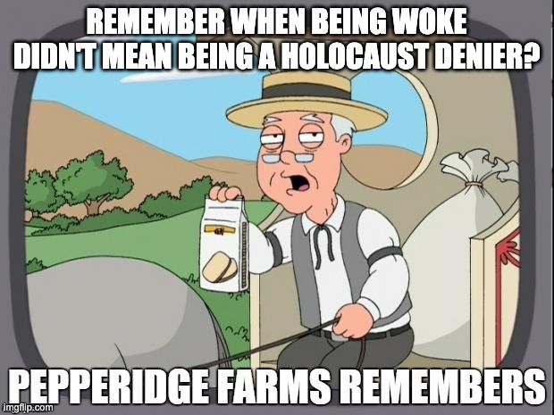 PEPPERIDGE FARMS REMEMBERS | REMEMBER WHEN BEING WOKE DIDN'T MEAN BEING A HOLOCAUST DENIER? | image tagged in pepperidge farms remembers | made w/ Imgflip meme maker