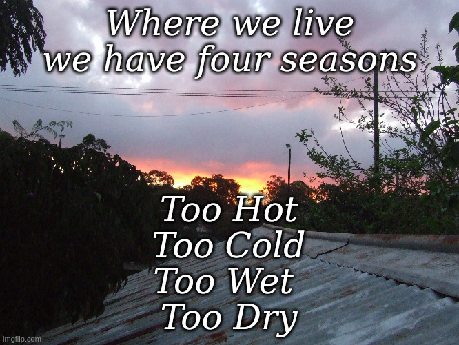 Four Seasons | Where we live
we have four seasons; Too Hot
Too Cold
Too Wet 
Too Dry | image tagged in four seasons,hot,dry,cold,wet | made w/ Imgflip meme maker