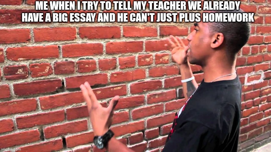 Talking to wall | ME WHEN I TRY TO TELL MY TEACHER WE ALREADY HAVE A BIG ESSAY AND HE CAN'T JUST PLUS HOMEWORK | image tagged in talking to wall | made w/ Imgflip meme maker